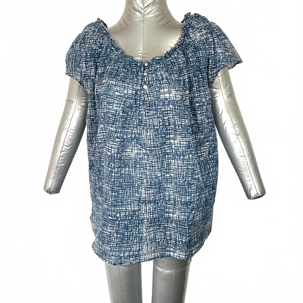 Talbots Large 100% Cotton Blue Patterned Sheer Short Sleeve Top With Buttons